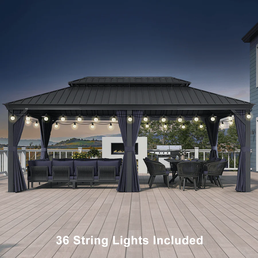 PURPLE LEAF Outdoor Hardtop Gazebo for Patio Grey Aluminum Frame Pavilion with Navy-Blue Curtain and String Lights - Image 18