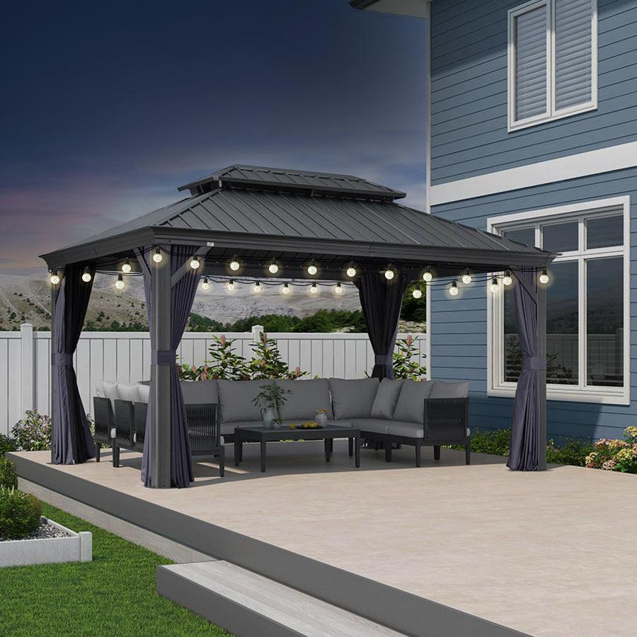 PURPLE LEAF Outdoor Hardtop Gazebo for Patio Grey Aluminum Frame Pavilion with Navy-Blue Curtain and String Lights - Image 19