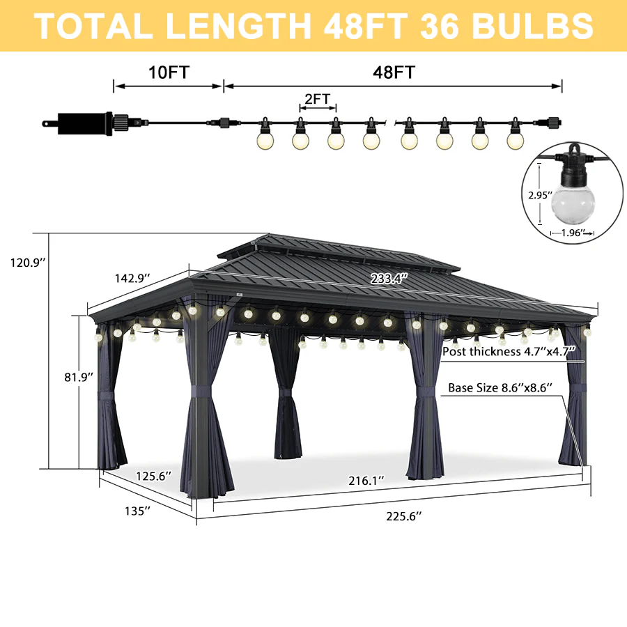 PURPLE LEAF Outdoor Hardtop Gazebo for Patio Grey Aluminum Frame Pavilion with Navy-Blue Curtain and String Lights - Image 31