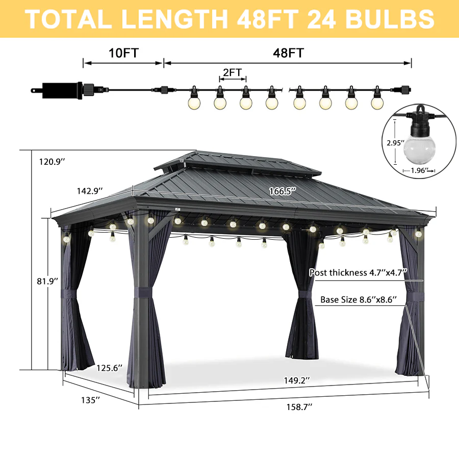 PURPLE LEAF Outdoor Hardtop Gazebo for Patio Grey Aluminum Frame Pavilion with Navy-Blue Curtain and String Lights - Image 32