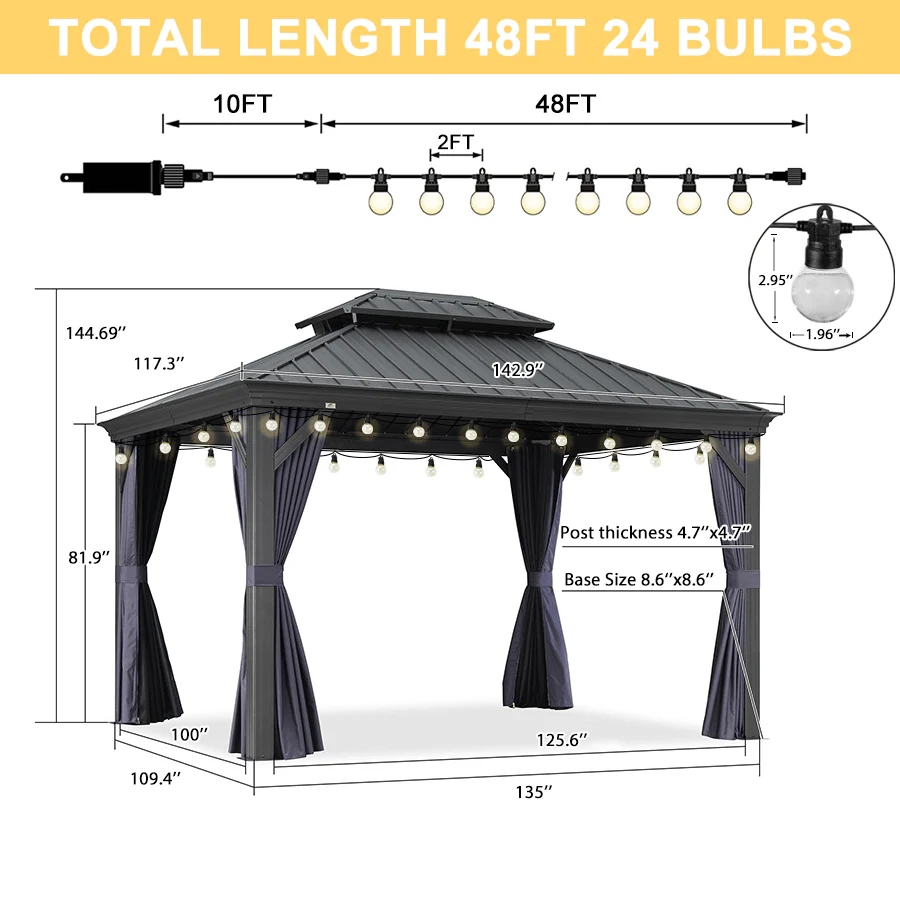PURPLE LEAF Outdoor Hardtop Gazebo for Patio Grey Aluminum Frame Pavilion with Navy-Blue Curtain and String Lights - Image 33