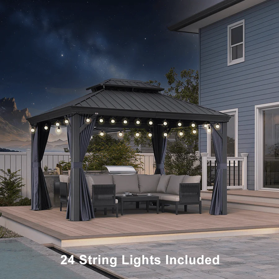 PURPLE LEAF Outdoor Hardtop Gazebo for Patio Grey Aluminum Frame Pavilion with Navy-Blue Curtain and String Lights - Image 4