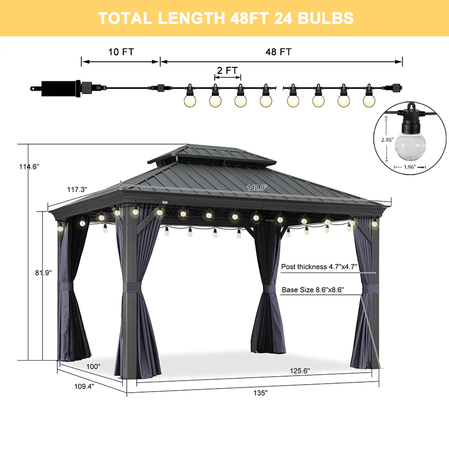 PURPLE LEAF Outdoor Hardtop Gazebo for Patio Grey Aluminum Frame Pavilion with Navy-Blue Curtain and String Lights - Image 5