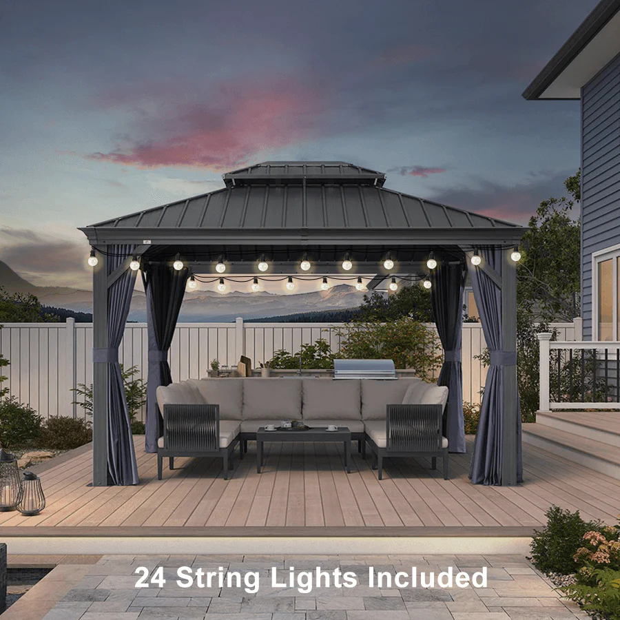 PURPLE LEAF Outdoor Hardtop Gazebo for Patio Grey Aluminum Frame Pavilion with Navy-Blue Curtain and String Lights - Image 6
