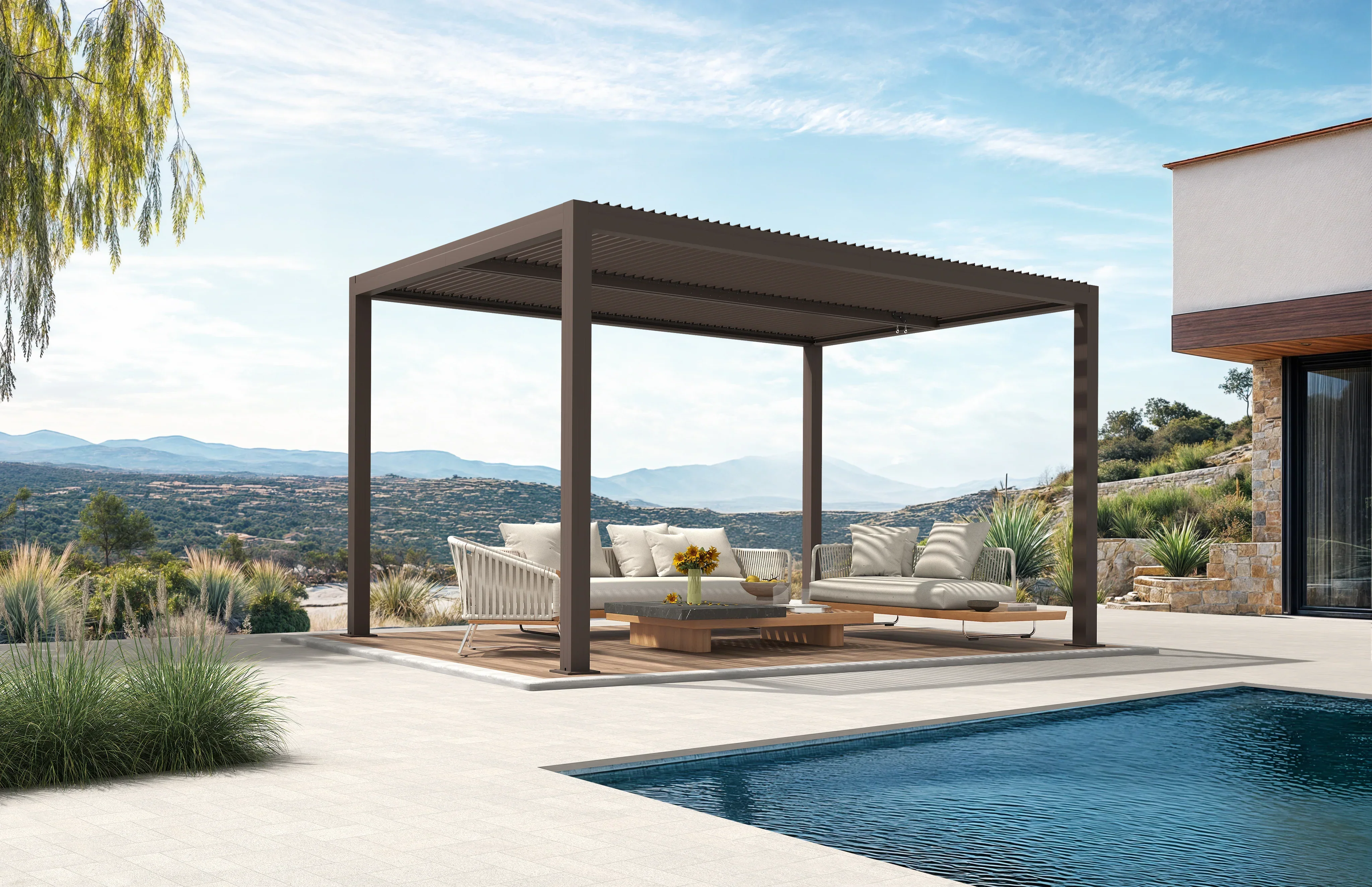 PURPLE LEAF Athena Outdoor Louvered Pergola Adjustable Metal Roof Bronze Hardtop Gazebo Patio Pavilion - Image 88