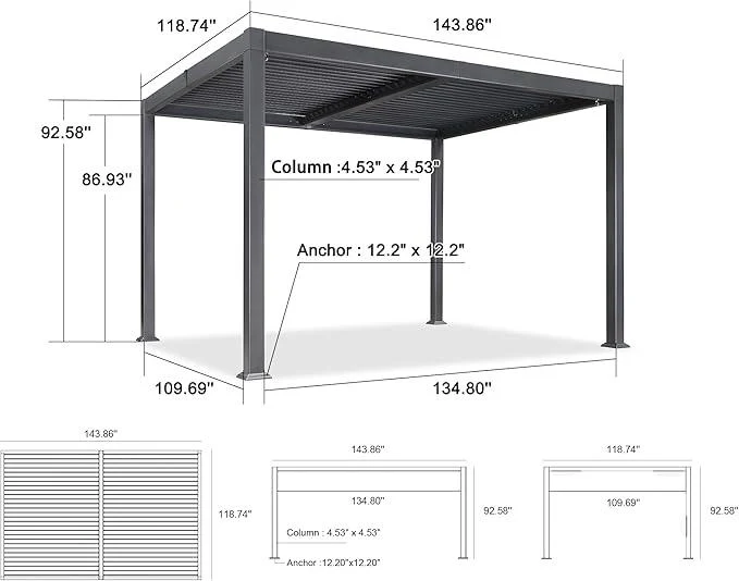 PURPLE LEAF Caesar Outdoor Louvered Pergola Patio Sun Shade Shelter with Adjustable Hardtop Patio Pergola Gray Frame White Roof - Image 36