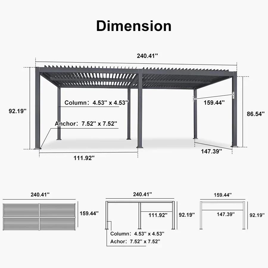 PURPLE LEAF Caesar Solar Louvered Pergola with LED Strip Lights and Control Panel Aluminum Outdoor Pergola with Adjustable Roof for Patio Deck Garden Yard Gray - Image 101