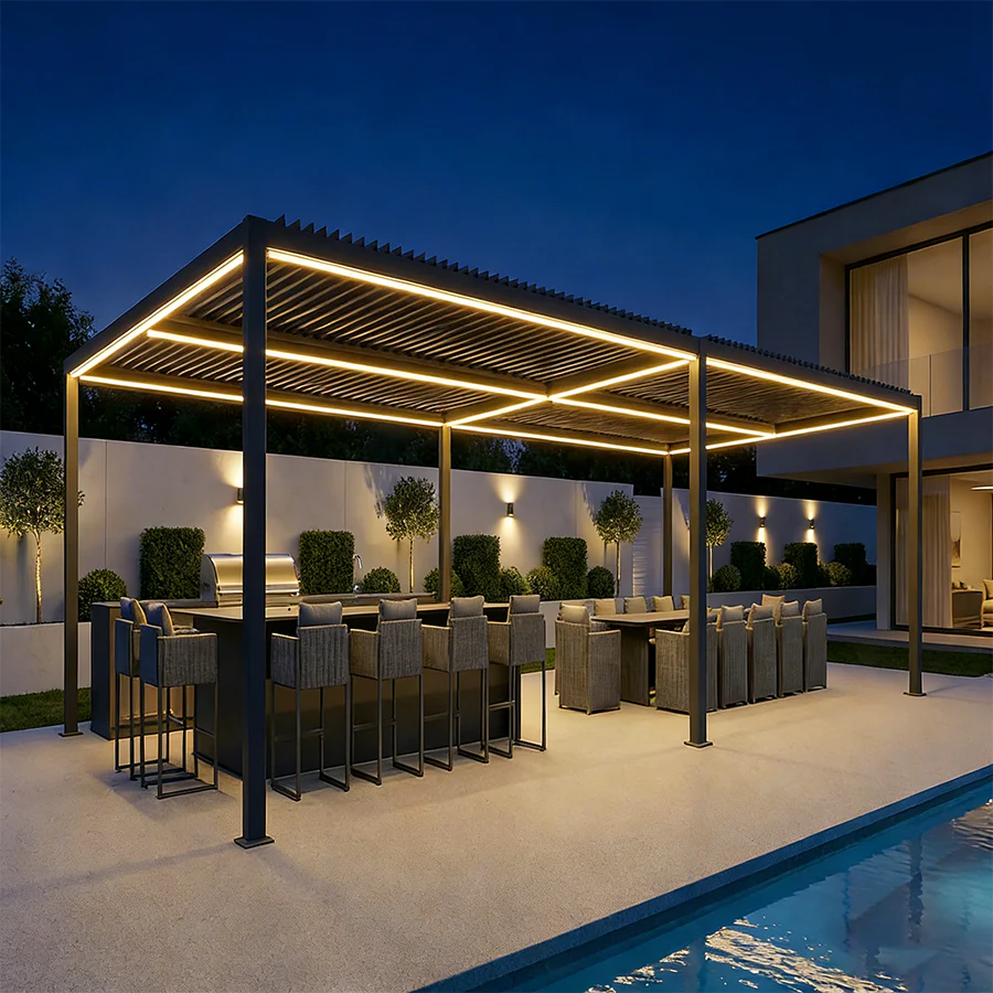 PURPLE LEAF Caesar Solar Louvered Pergola with LED Strip Lights and Control Panel Aluminum Outdoor Pergola with Adjustable Roof for Patio Deck Garden Yard Gray - Image 117