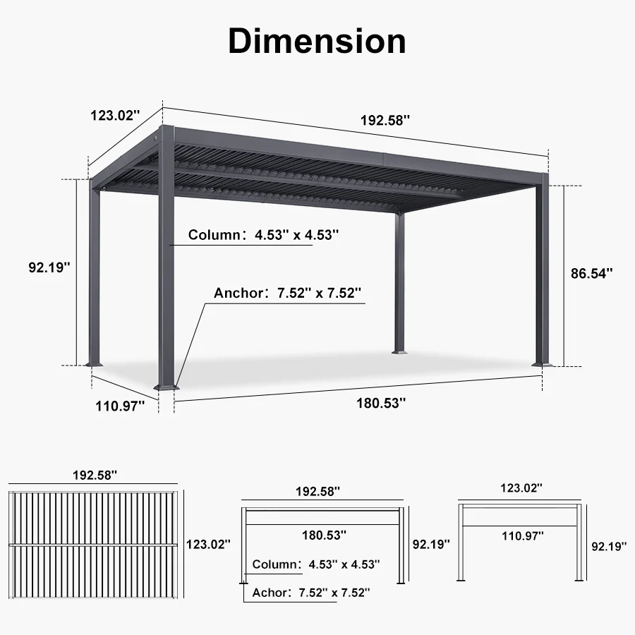 PURPLE LEAF Caesar Solar Louvered Pergola with LED Strip Lights and Control Panel Aluminum Outdoor Pergola with Adjustable Roof for Patio Deck Garden Yard Gray - Image 119