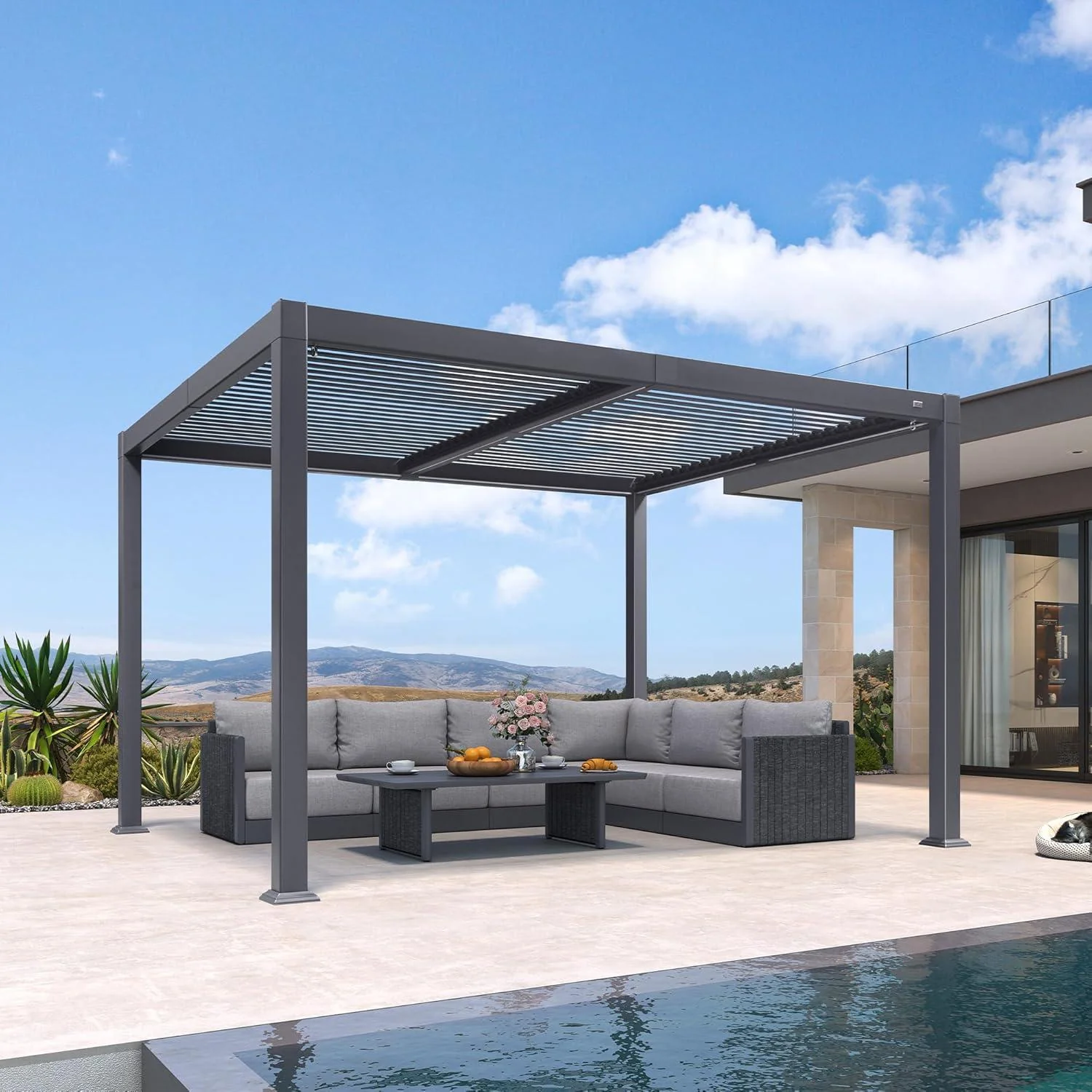 PURPLE LEAF Caesar Solar Louvered Pergola with LED Strip Lights and Control Panel Aluminum Outdoor Pergola with Adjustable Roof for Patio Deck Garden Yard Gray - Image 46