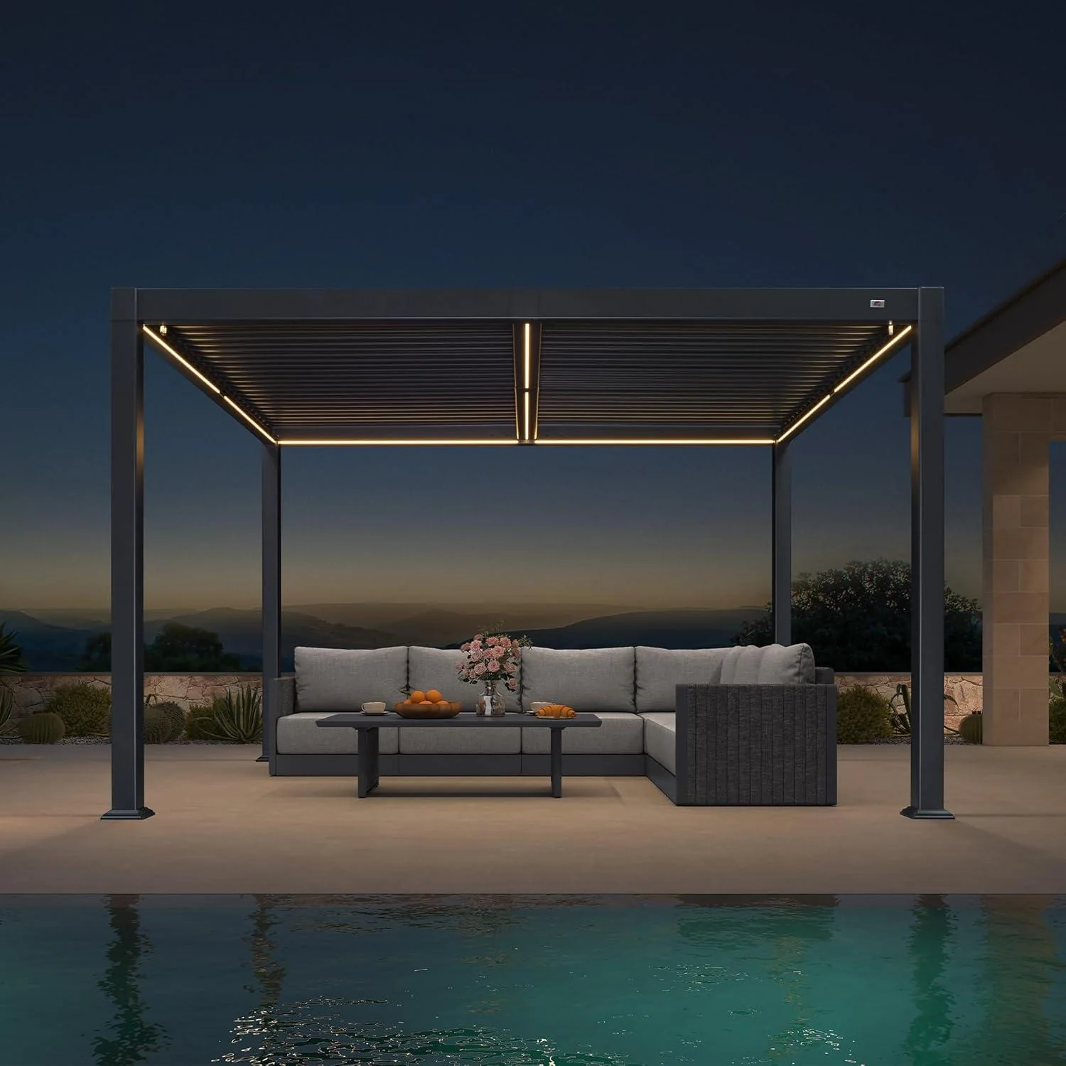 PURPLE LEAF Caesar Solar Louvered Pergola with LED Strip Lights and Control Panel Aluminum Outdoor Pergola with Adjustable Roof for Patio Deck Garden Yard Gray - Image 47