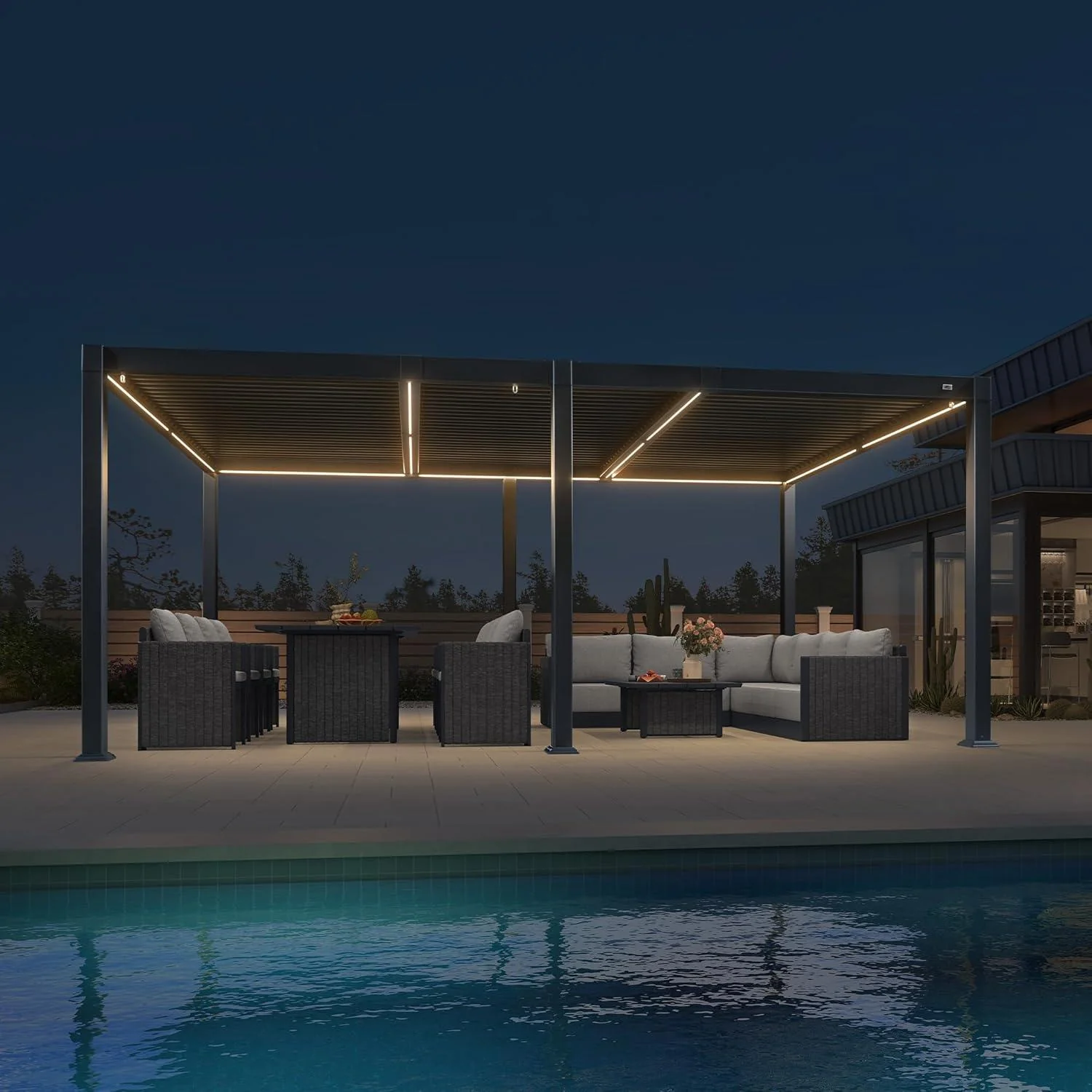 PURPLE LEAF Caesar Solar Louvered Pergola with LED Strip Lights and Control Panel Aluminum Outdoor Pergola with Adjustable Roof for Patio Deck Garden Yard Gray - Image 48