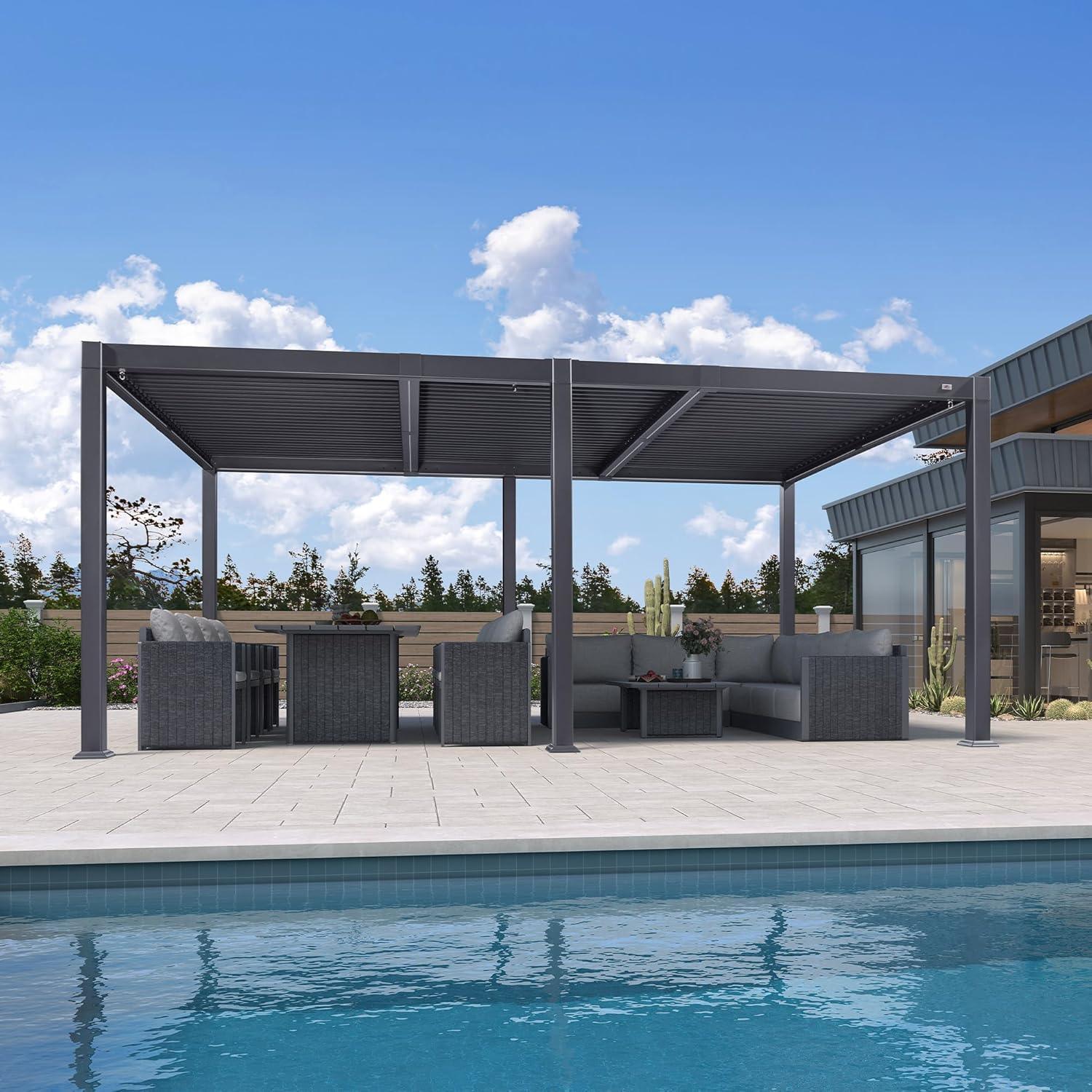 PURPLE LEAF Caesar Solar Louvered Pergola with LED Strip Lights and Control Panel Aluminum Outdoor Pergola with Adjustable Roof for Patio Deck Garden Yard Gray - Image 49