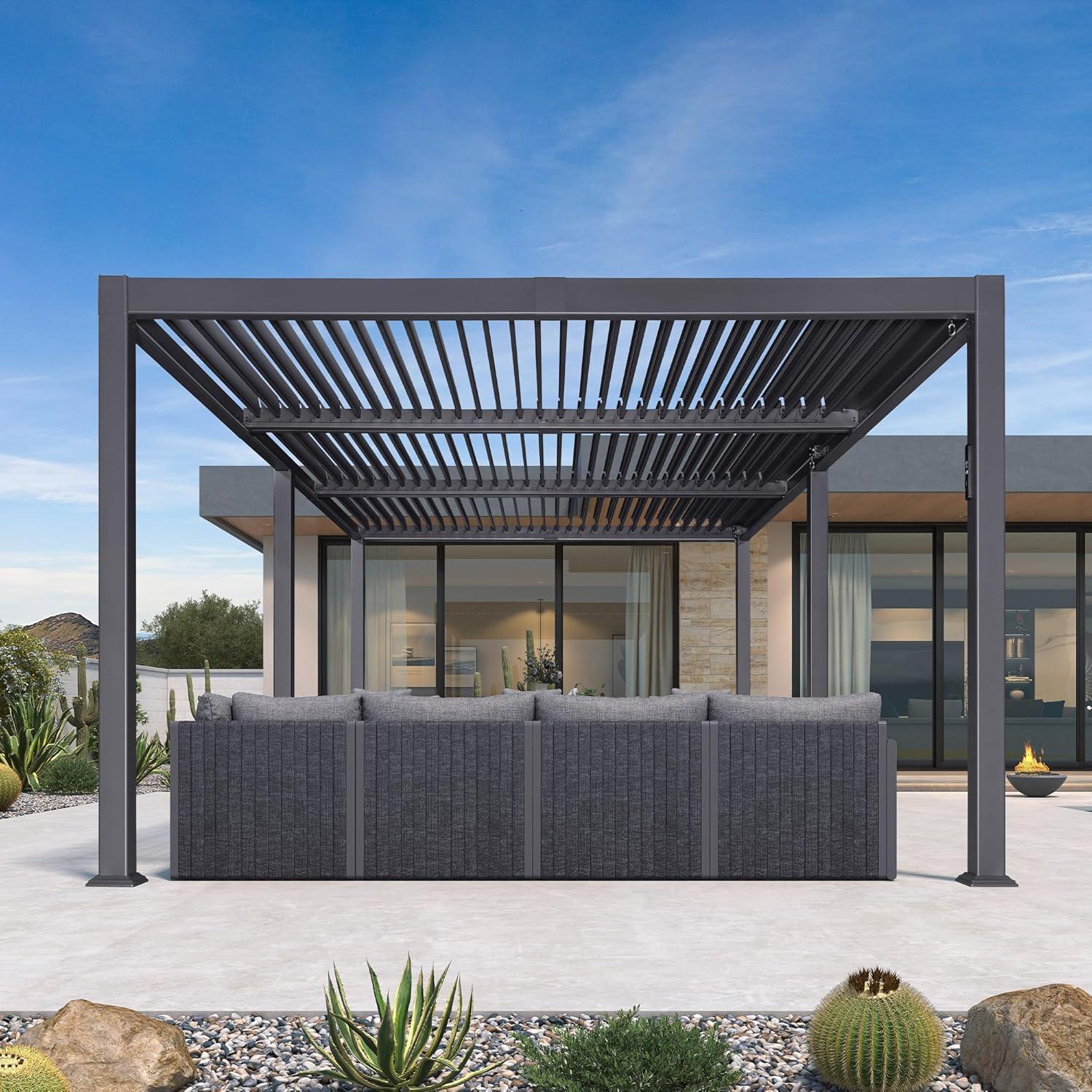 PURPLE LEAF Caesar Solar Louvered Pergola with LED Strip Lights and Control Panel Aluminum Outdoor Pergola with Adjustable Roof for Patio Deck Garden Yard Gray - Image 52