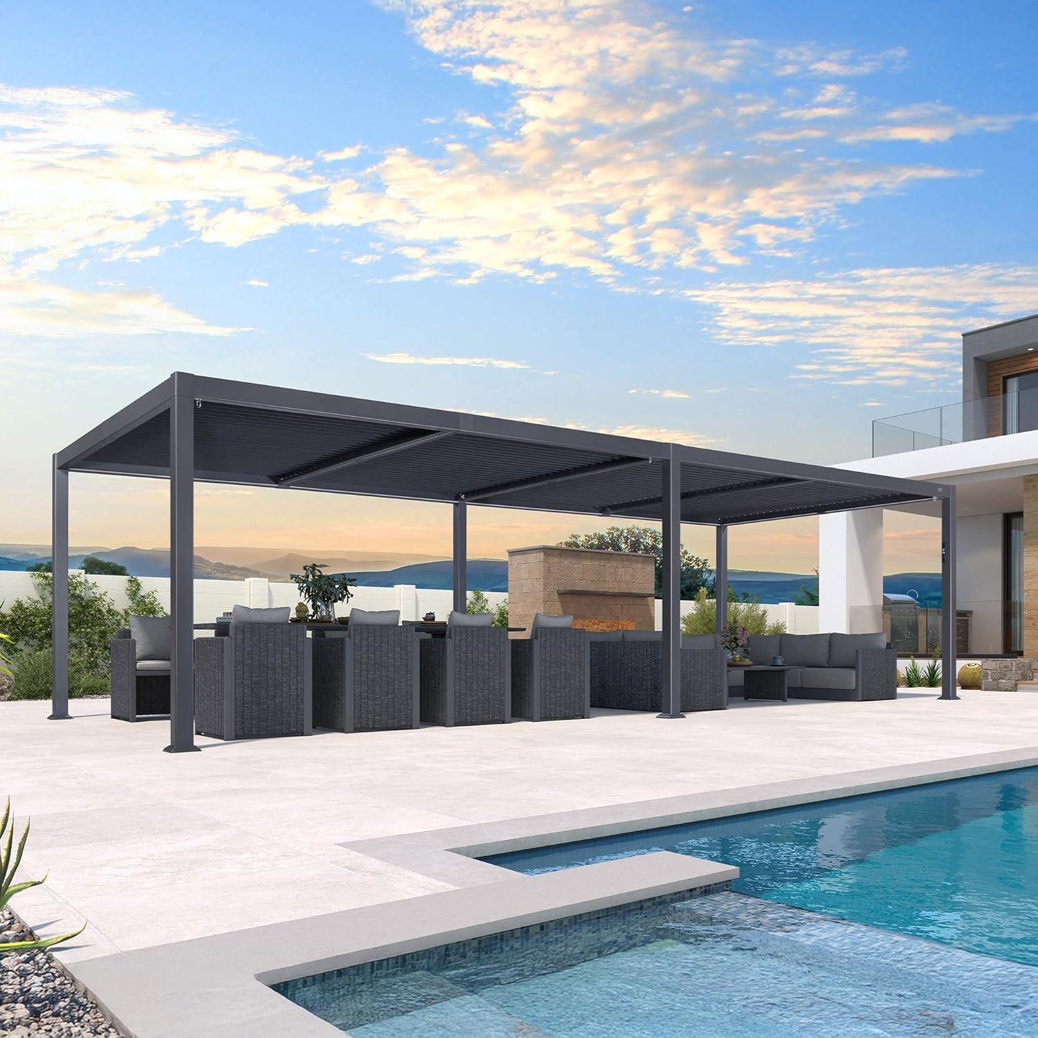 PURPLE LEAF Caesar Solar Louvered Pergola with LED Strip Lights and Control Panel Aluminum Outdoor Pergola with Adjustable Roof for Patio Deck Garden Yard Gray - Image 53