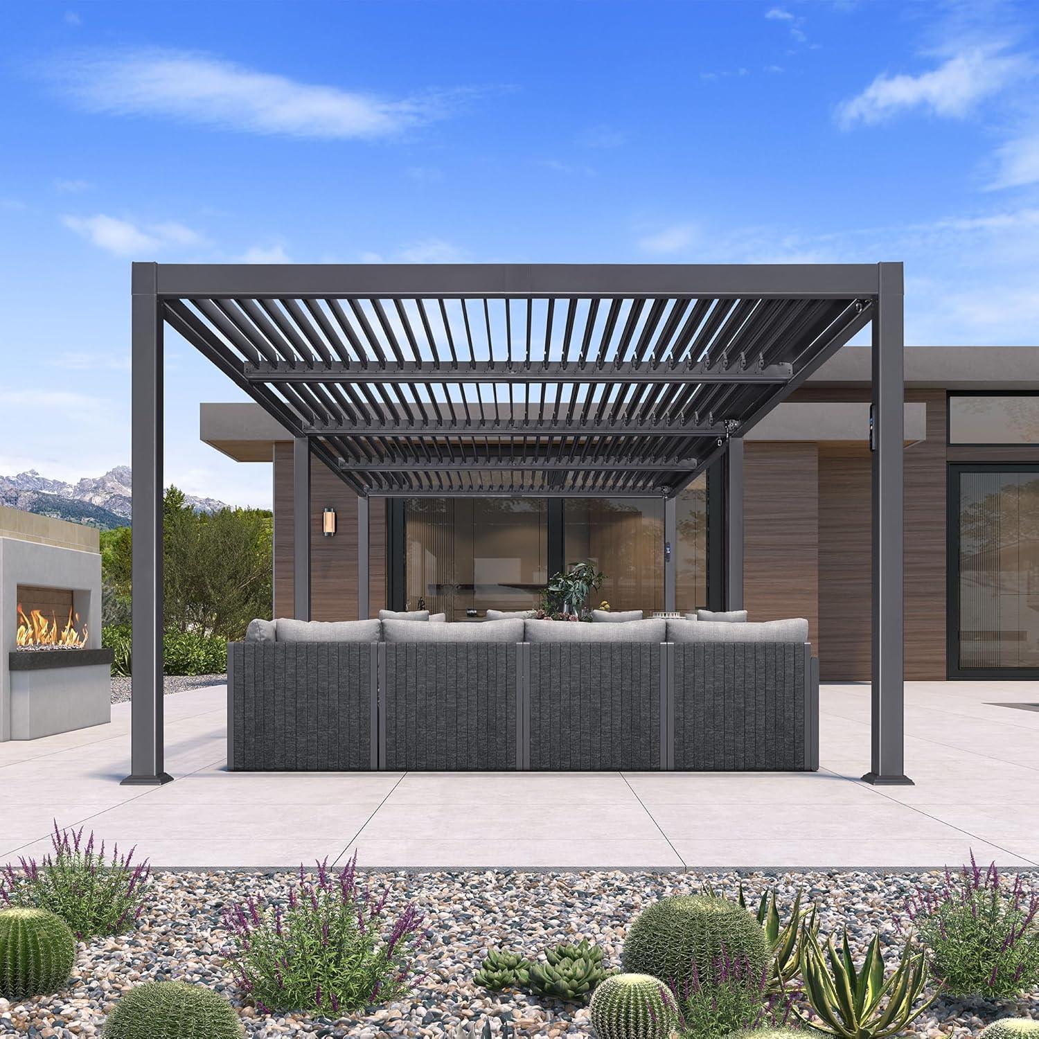 PURPLE LEAF Caesar Solar Louvered Pergola with LED Strip Lights and Control Panel Aluminum Outdoor Pergola with Adjustable Roof for Patio Deck Garden Yard Gray - Image 54