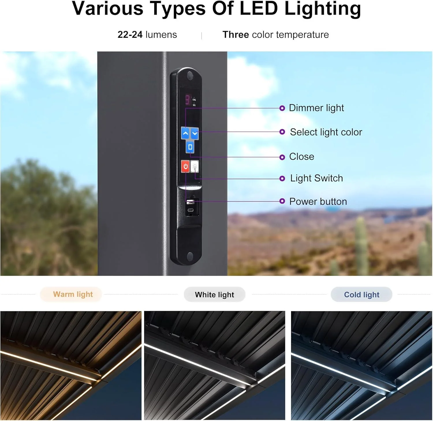 PURPLE LEAF Caesar Solar Louvered Pergola with LED Strip Lights and Control Panel Aluminum Outdoor Pergola with Adjustable Roof for Patio Deck Garden Yard Gray - Image 56