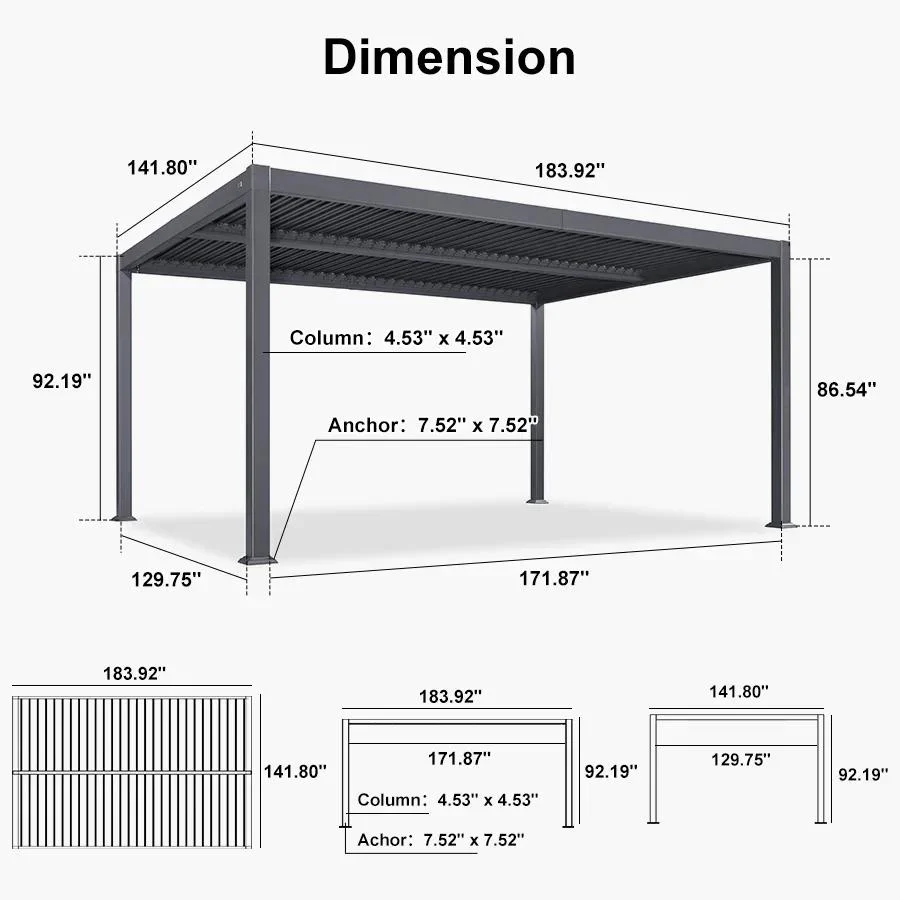 PURPLE LEAF Caesar Solar Louvered Pergola with LED Strip Lights and Control Panel Aluminum Outdoor Pergola with Adjustable Roof for Patio Deck Garden Yard Gray - Image 99