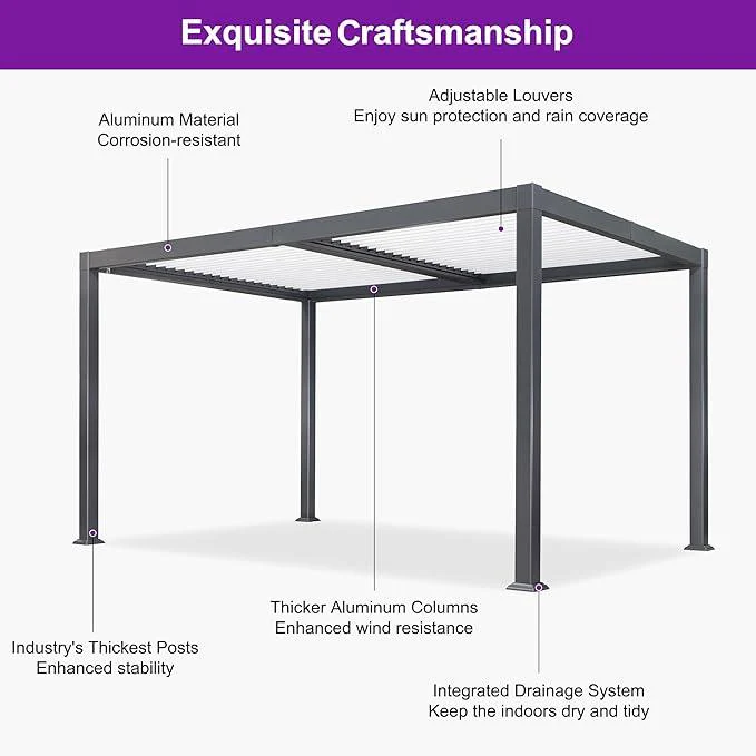 PURPLE LEAF Caesar Outdoor Louvered Pergola Patio Sun Shade Shelter with Adjustable Hardtop Patio Pergola Gray Frame White Roof - Image 46