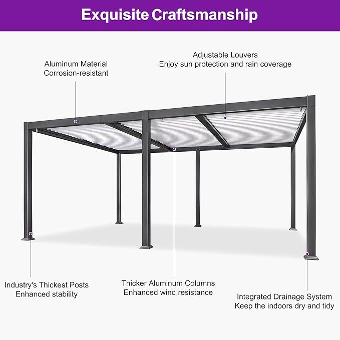PURPLE LEAF Caesar Outdoor Louvered Pergola Patio Sun Shade Shelter with Adjustable Hardtop Patio Pergola Gray Frame White Roof - Image 49