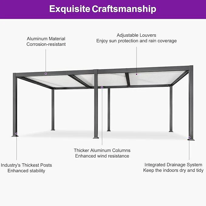 PURPLE LEAF Caesar Outdoor Louvered Pergola Patio Sun Shade Shelter with Adjustable Hardtop Patio Pergola Gray Frame White Roof - Image 50