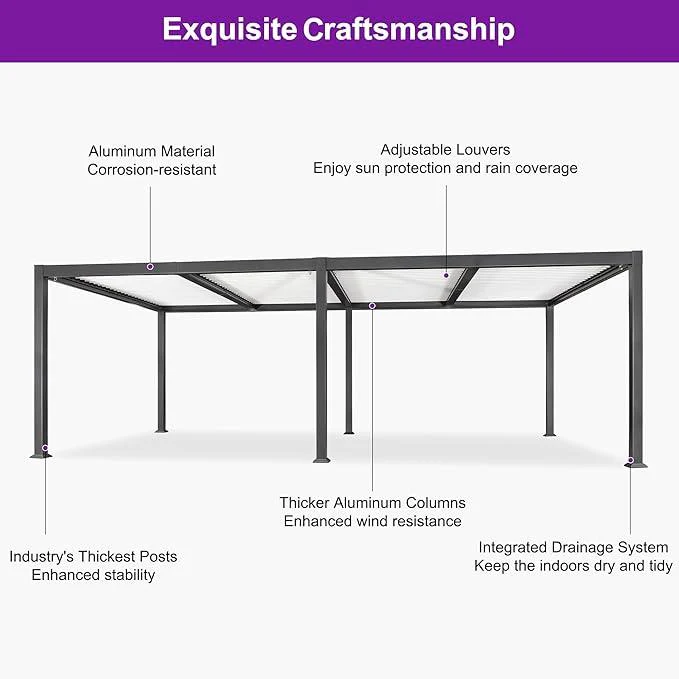 PURPLE LEAF Caesar Outdoor Louvered Pergola Patio Sun Shade Shelter with Adjustable Hardtop Patio Pergola Gray Frame White Roof - Image 53
