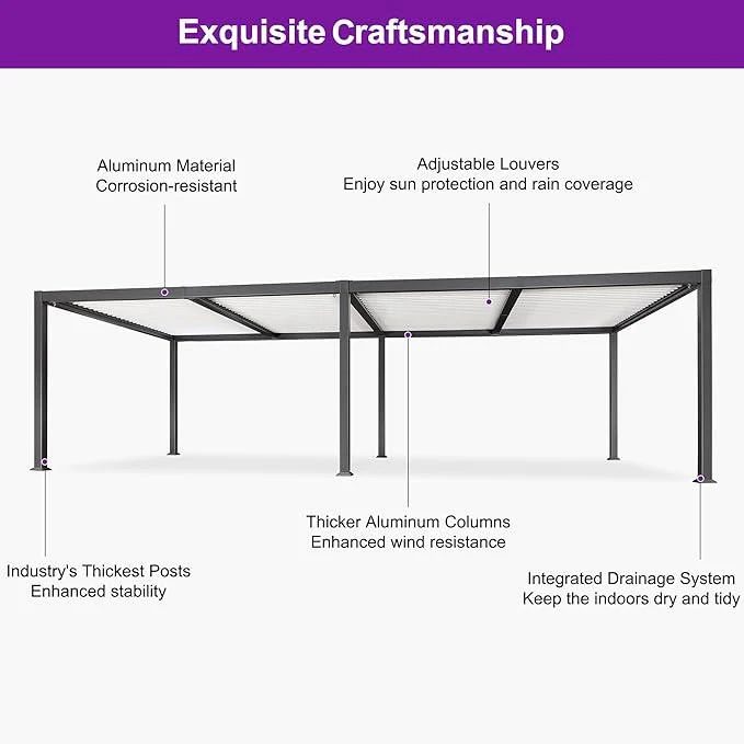 PURPLE LEAF Caesar Outdoor Louvered Pergola Patio Sun Shade Shelter with Adjustable Hardtop Patio Pergola Gray Frame White Roof - Image 54
