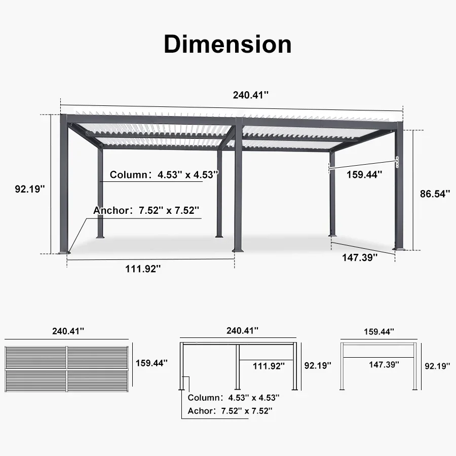 PURPLE LEAF Caesar Outdoor Louvered Pergola Patio Sun Shade Shelter with Adjustable Hardtop Patio Pergola Gray Frame White Roof - Image 71
