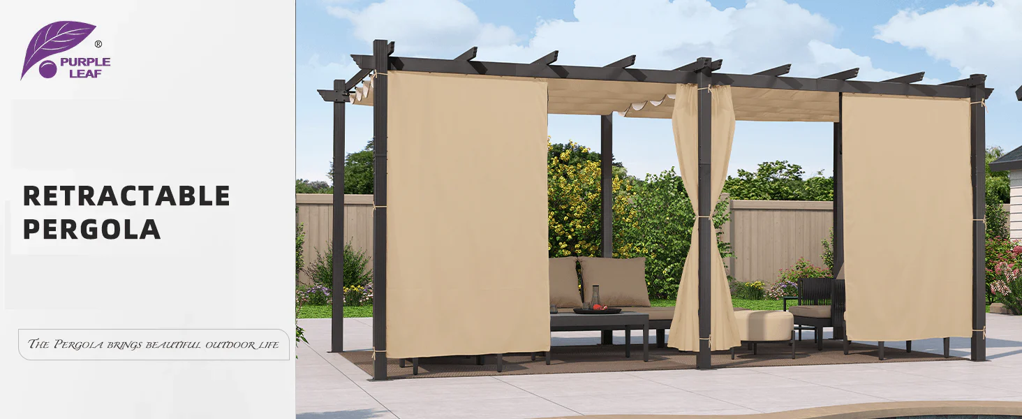 PURPLE LEAF Outdoor Pergola with Retractable Canopy Aluminum Shelter for Beach Porch Garden  Shade Pavilion Pergola  with Curtains - Image 159