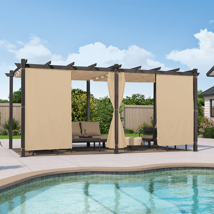 PURPLE LEAF Outdoor Pergola with Retractable Canopy Aluminum Shelter for Beach Porch Garden  Shade Pavilion Pergola  with Curtains - Image 176