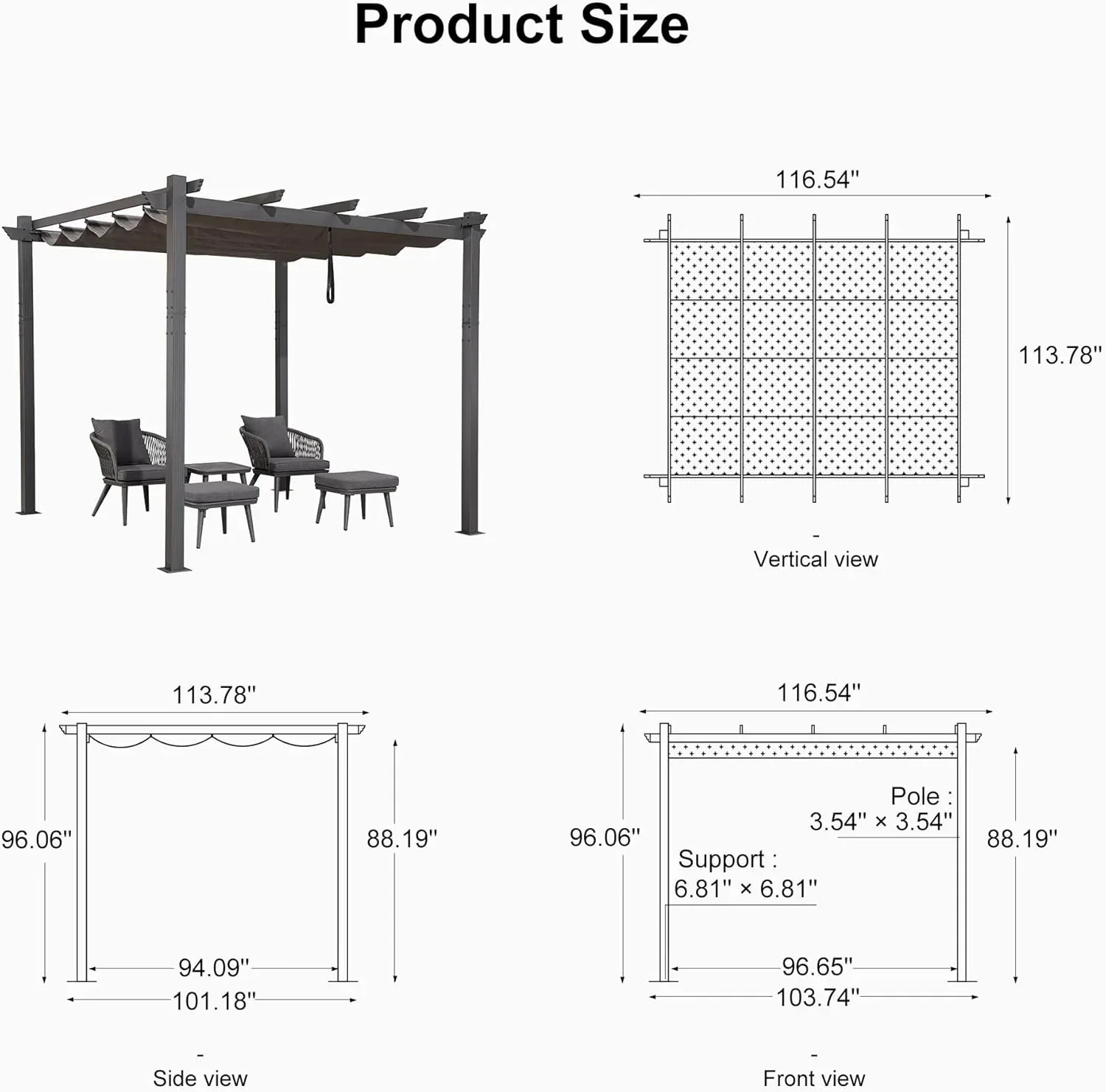 PURPLE LEAF Outdoor Pergola with Retractable Canopy Aluminum Shelter for Beach Porch Garden  Shade Pavilion Pergola  with Curtains - Image 191
