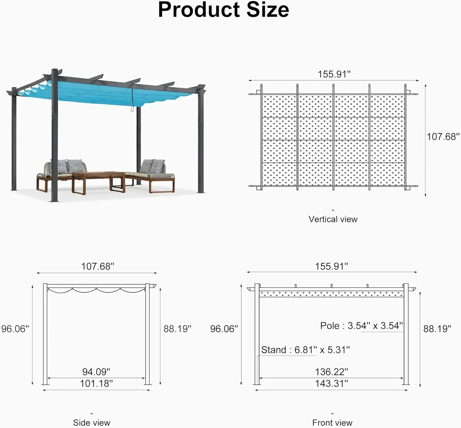 PURPLE LEAF Outdoor Pergola with Retractable Canopy Aluminum Shelter for Beach Porch Garden  Shade Pavilion Pergola  with Curtains - Image 197