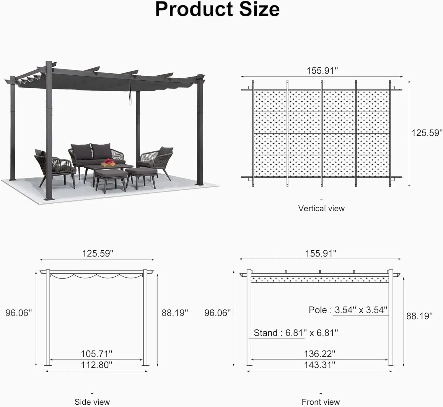 PURPLE LEAF Outdoor Pergola with Retractable Canopy Aluminum Shelter for Beach Porch Garden  Shade Pavilion Pergola  with Curtains - Image 199