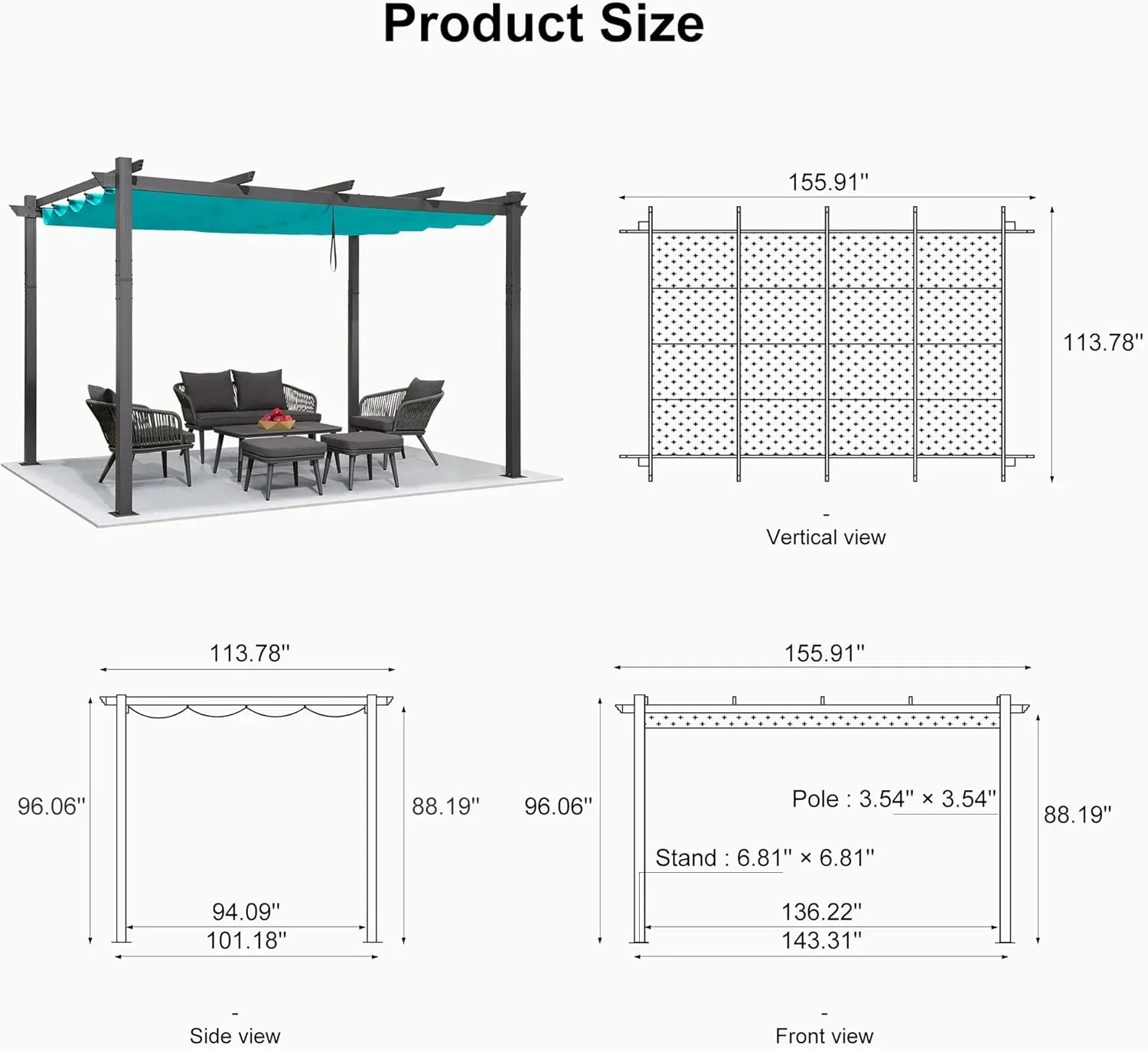 PURPLE LEAF Outdoor Pergola with Retractable Canopy Aluminum Shelter for Beach Porch Garden  Shade Pavilion Pergola  with Curtains - Image 200