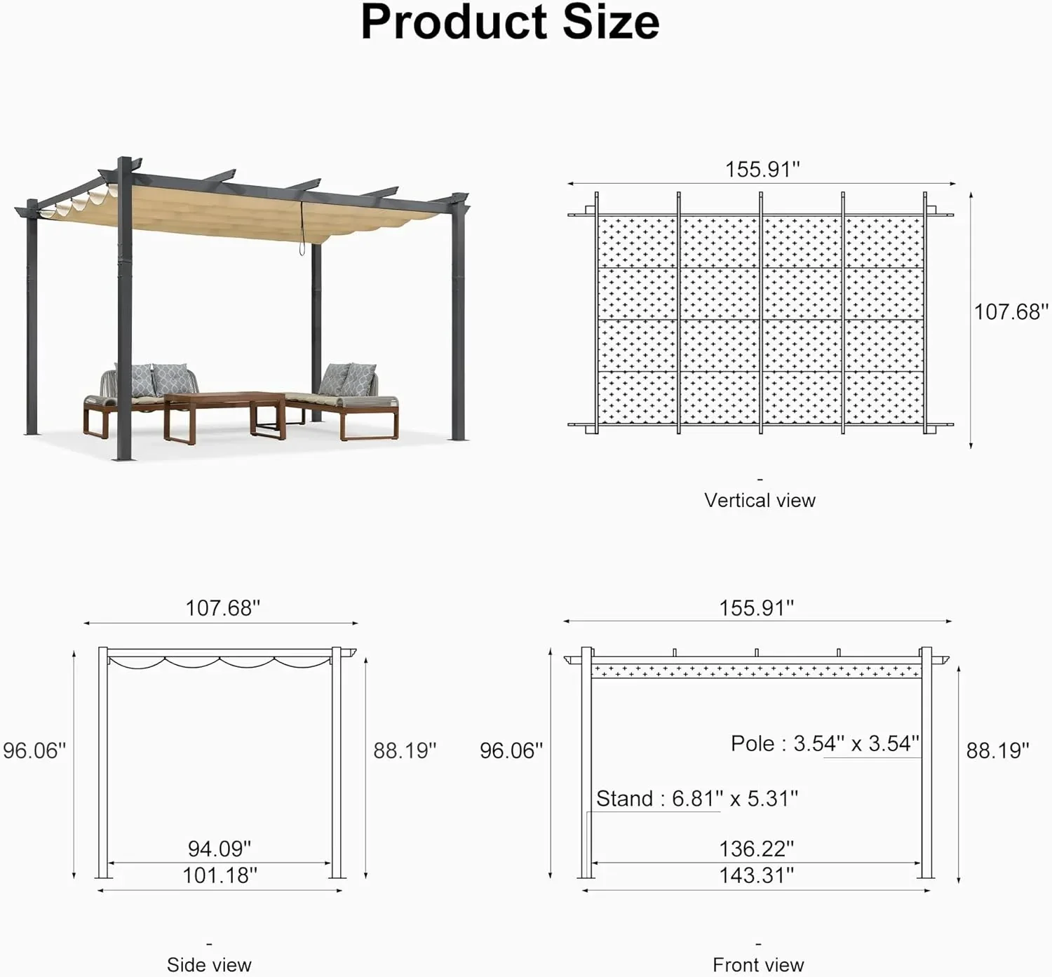 PURPLE LEAF Outdoor Pergola with Retractable Canopy Aluminum Shelter for Beach Porch Garden  Shade Pavilion Pergola  with Curtains - Image 201