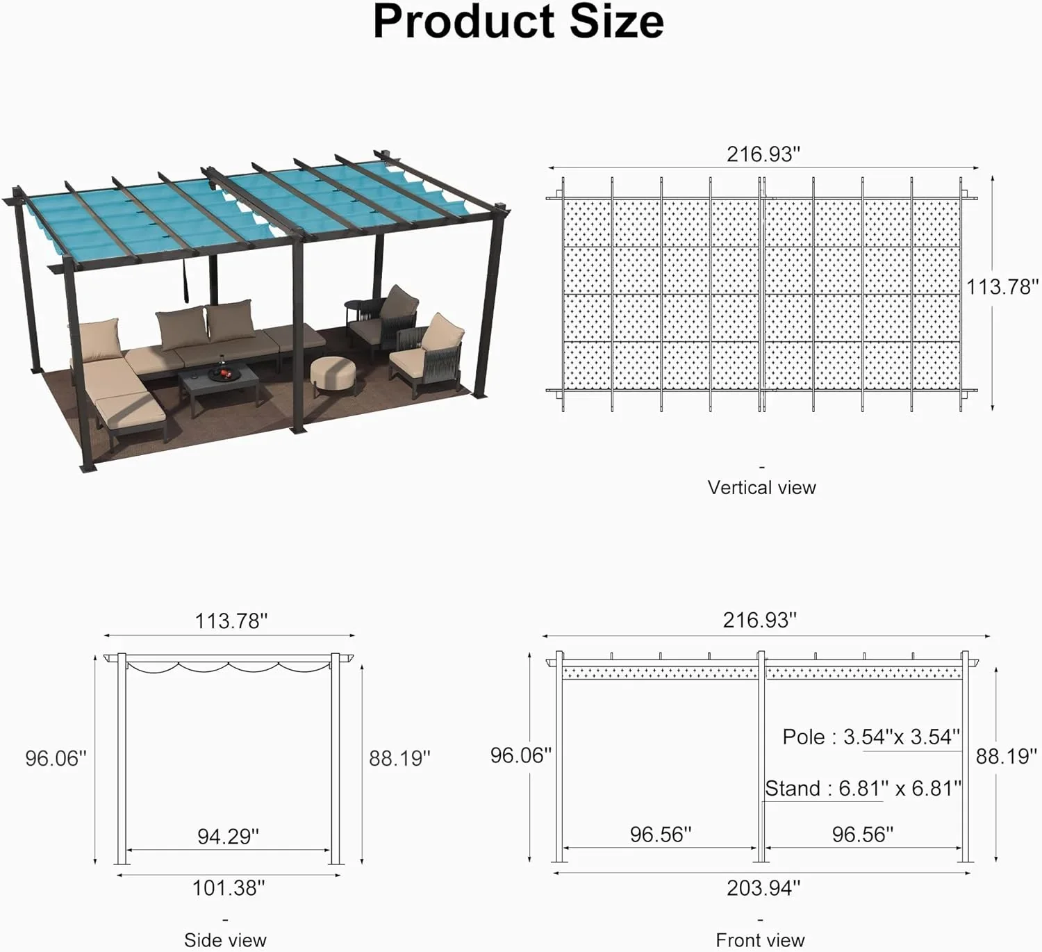 PURPLE LEAF Outdoor Pergola with Retractable Canopy Aluminum Shelter for Beach Porch Garden  Shade Pavilion Pergola  with Curtains - Image 202
