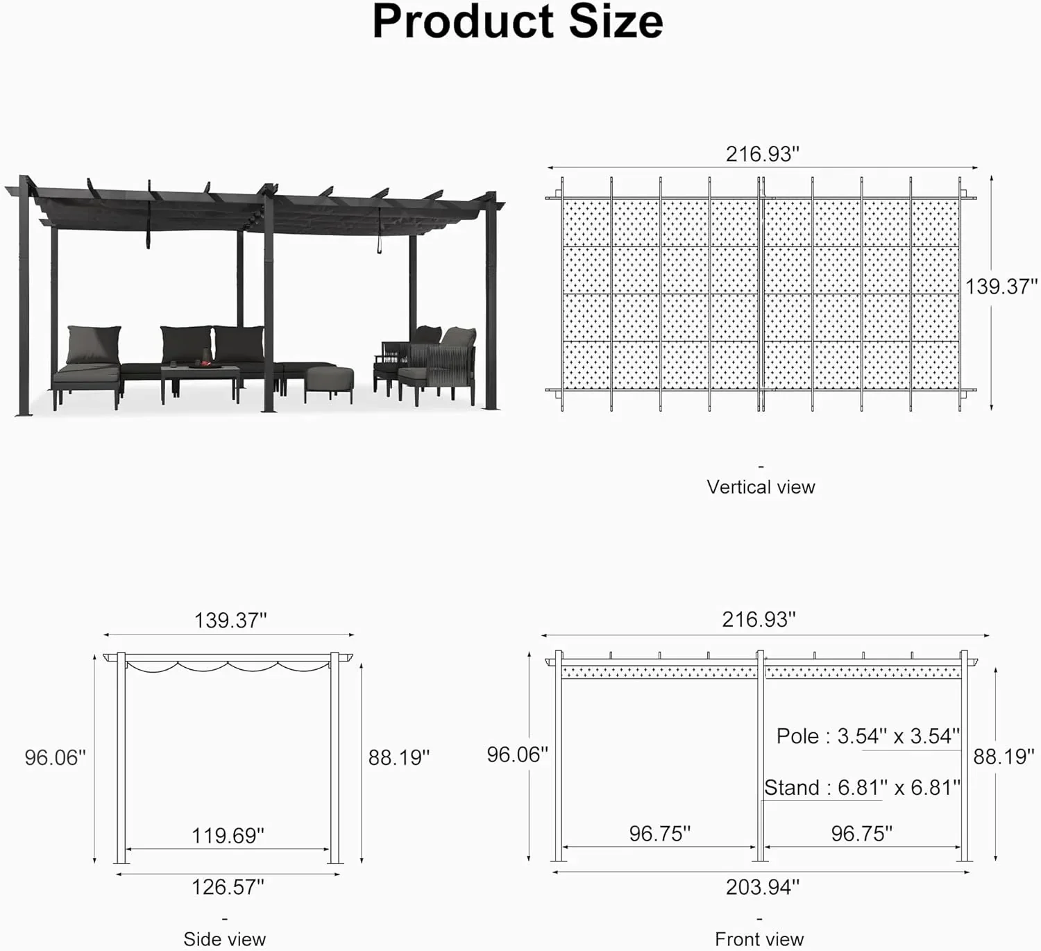 PURPLE LEAF Outdoor Pergola with Retractable Canopy Aluminum Shelter for Beach Porch Garden  Shade Pavilion Pergola  with Curtains - Image 206