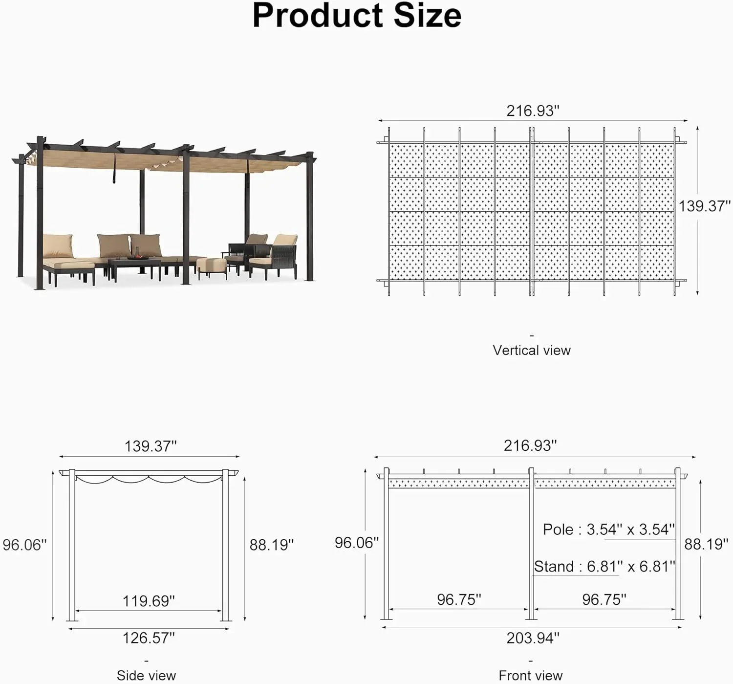 PURPLE LEAF Outdoor Pergola with Retractable Canopy Aluminum Shelter for Beach Porch Garden  Shade Pavilion Pergola  with Curtains - Image 207