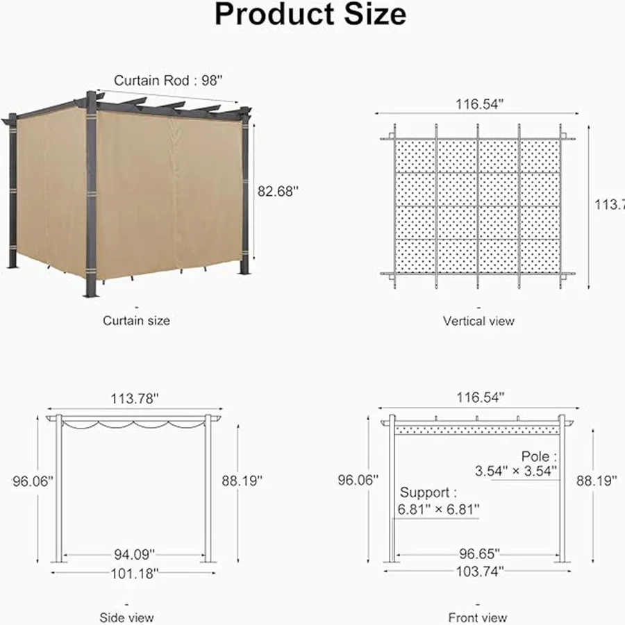 PURPLE LEAF Outdoor Pergola with Retractable Canopy Aluminum Shelter for Beach Porch Garden  Shade Pavilion Pergola  with Curtains - Image 211