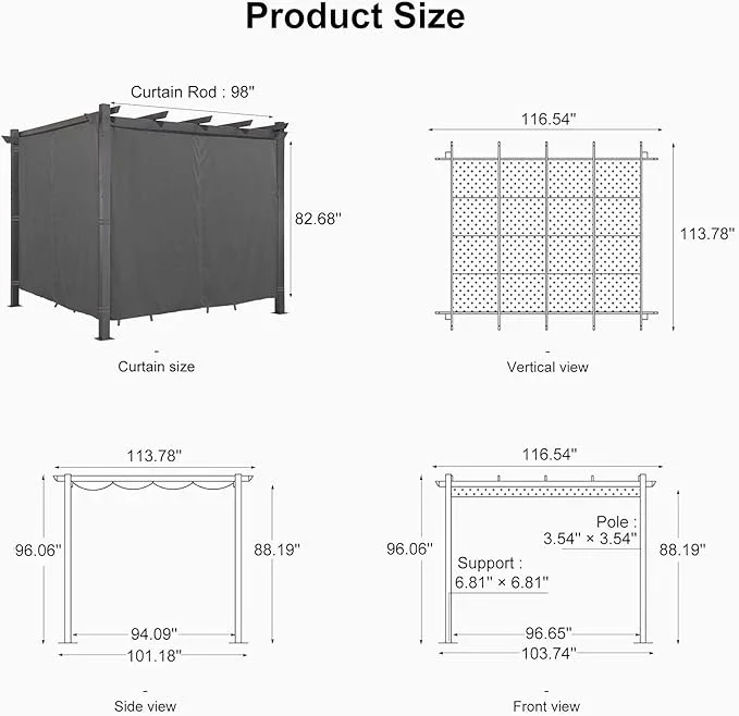 PURPLE LEAF Outdoor Pergola with Retractable Canopy Aluminum Shelter for Beach Porch Garden  Shade Pavilion Pergola  with Curtains - Image 214