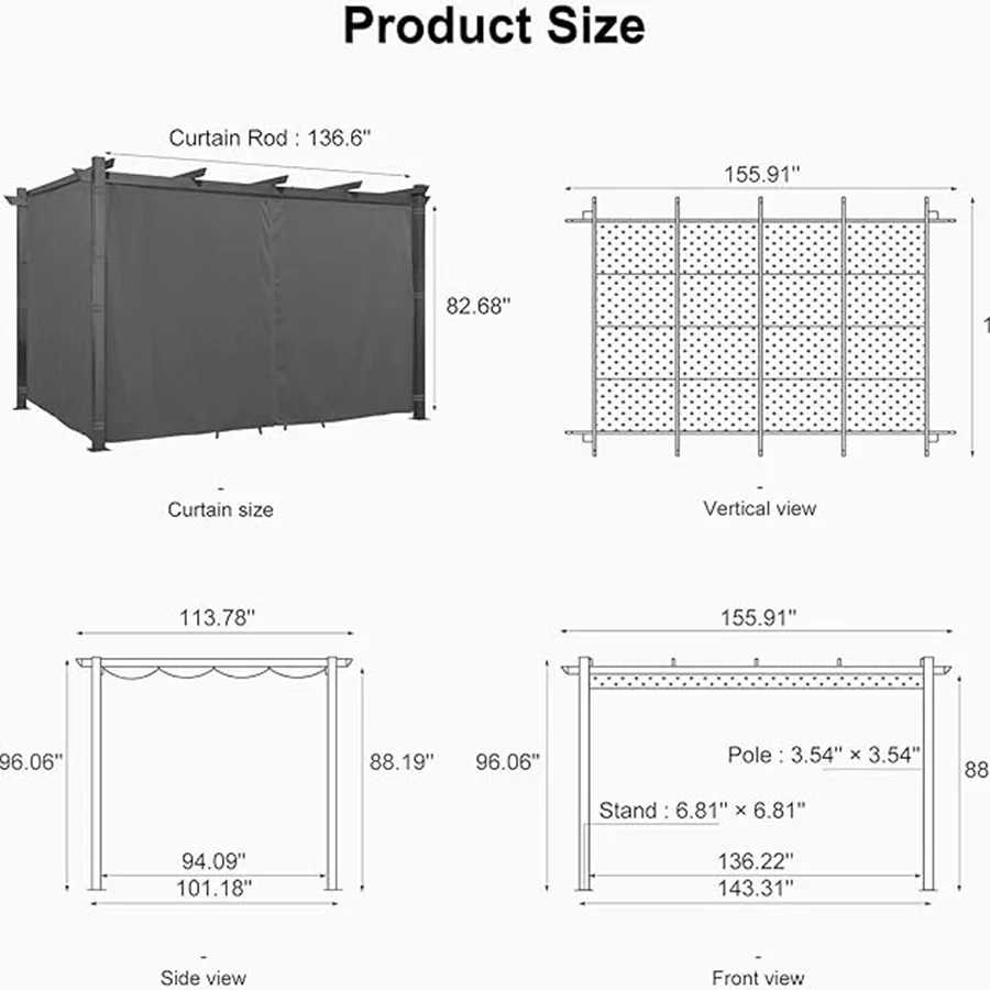 PURPLE LEAF Outdoor Pergola with Retractable Canopy Aluminum Shelter for Beach Porch Garden  Shade Pavilion Pergola  with Curtains - Image 216