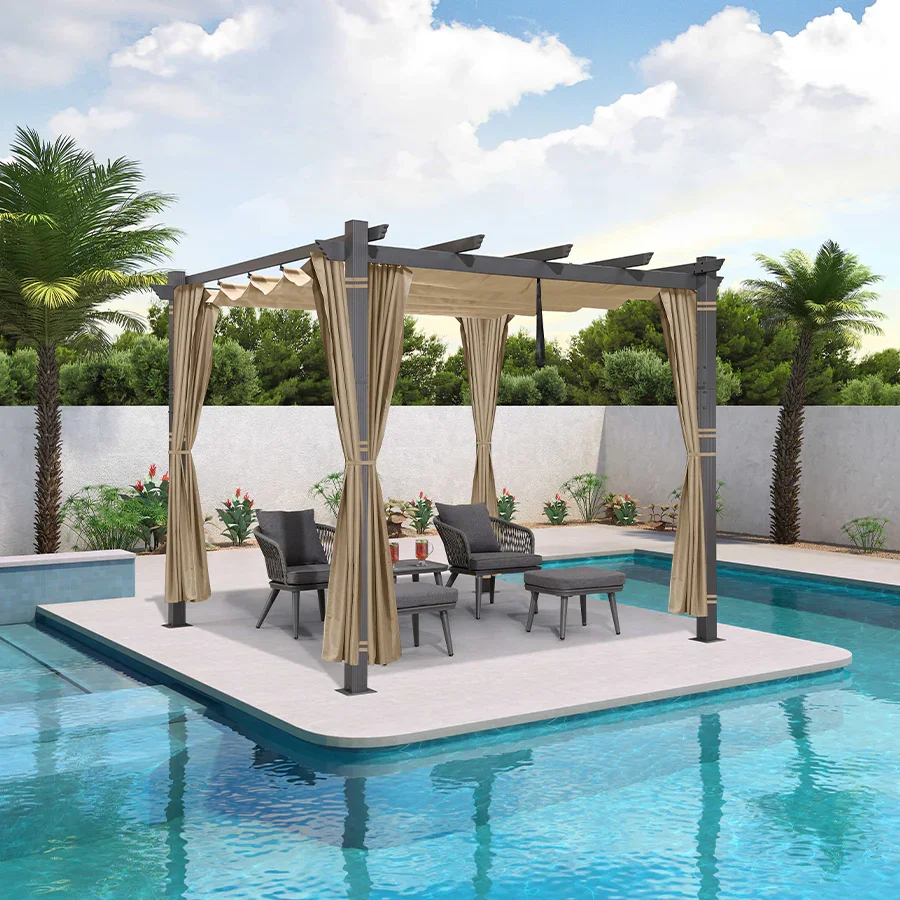 PURPLE LEAF Outdoor Pergola with Retractable Canopy Aluminum Shelter for Beach Porch Garden  Shade Pavilion Pergola  with Curtains - Image 219