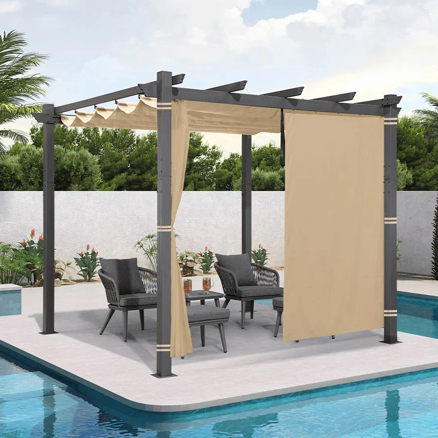 PURPLE LEAF Outdoor Pergola with Retractable Canopy Aluminum Shelter for Beach Porch Garden  Shade Pavilion Pergola  with Curtains - Image 221