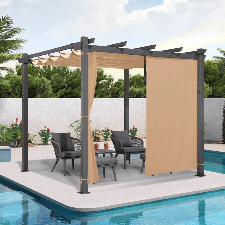 PURPLE LEAF Outdoor Pergola with Retractable Canopy Aluminum Shelter for Beach Porch Garden  Shade Pavilion Pergola  with Curtains - Image 5