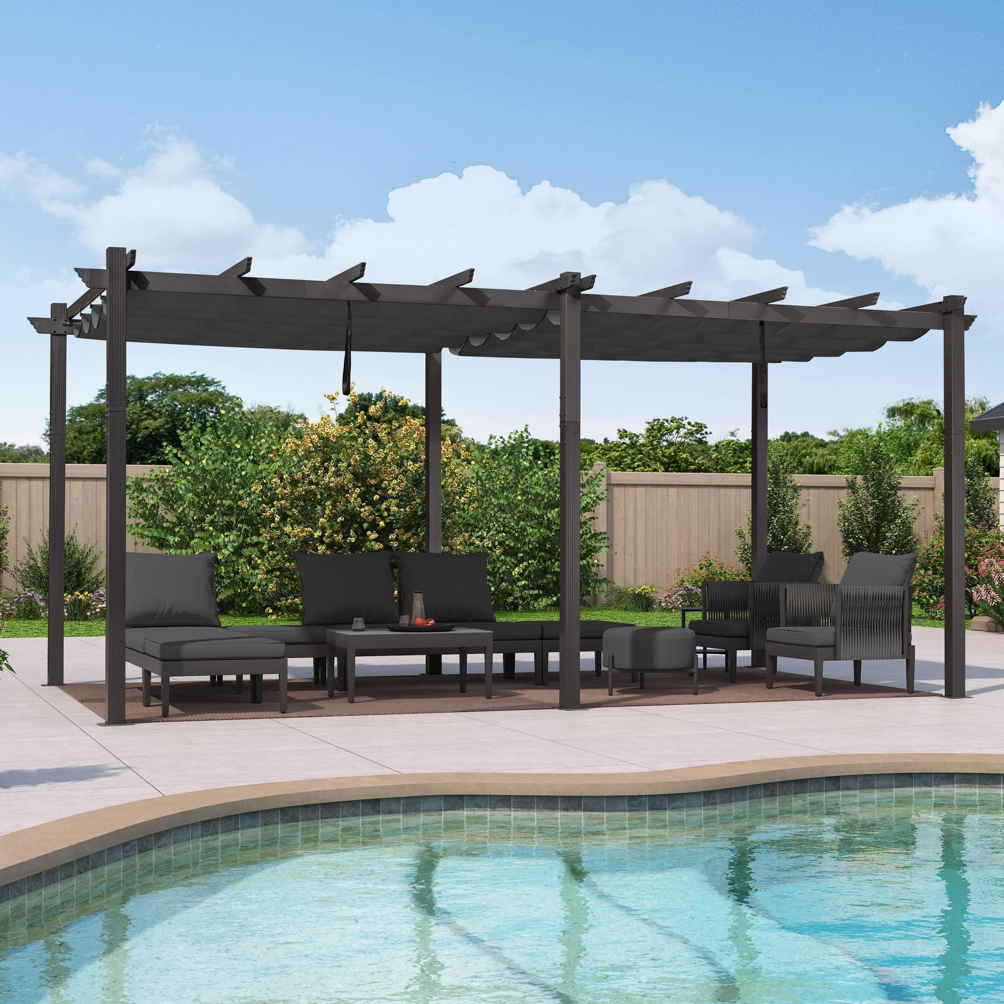PURPLE LEAF Outdoor Pergola with Retractable Canopy Aluminum Shelter for Porch Garden  Beach Shade Pavilion Pergola Modern Backyard Deck - Image 114