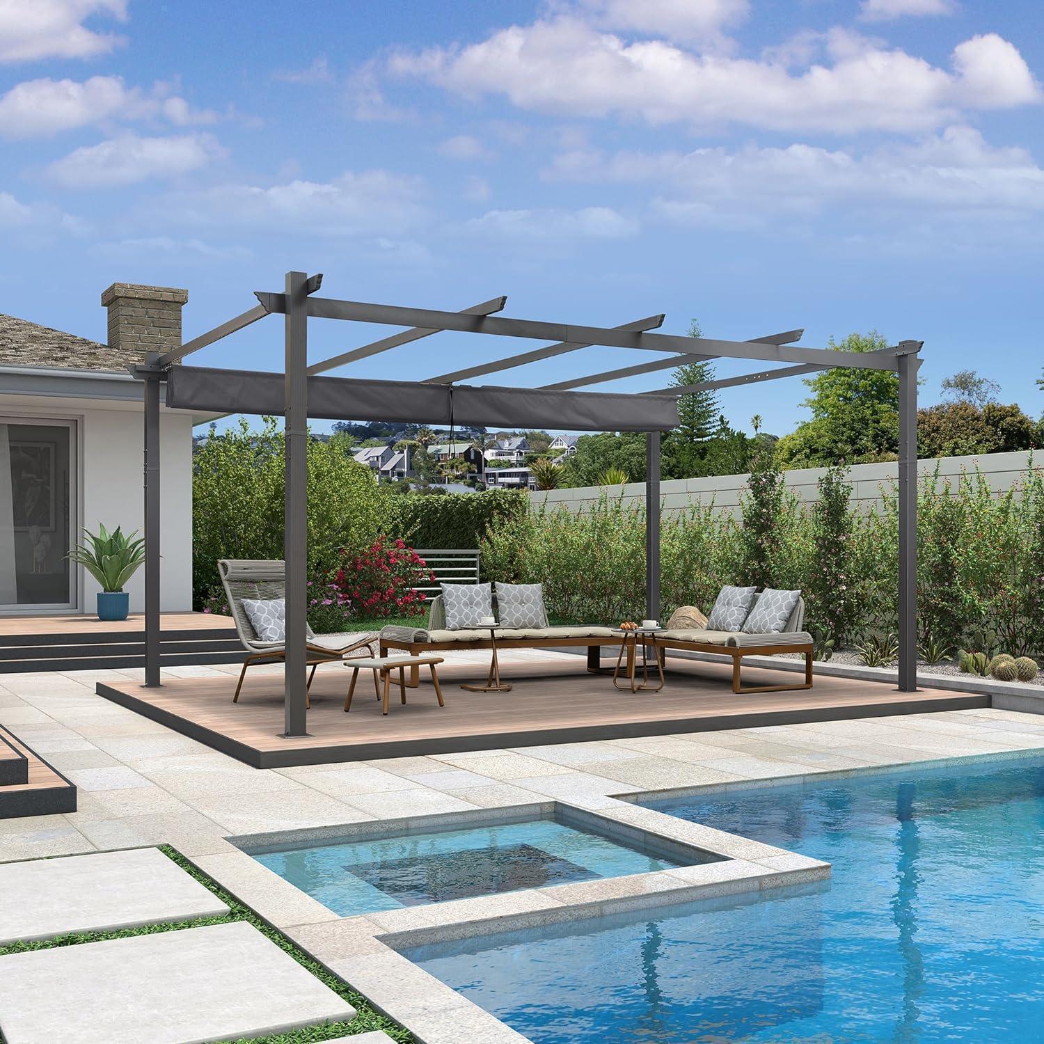 PURPLE LEAF Outdoor Pergola with Retractable Canopy Aluminum Shelter for Porch Garden  Beach Shade Pavilion Pergola Modern Backyard Deck - Image 142