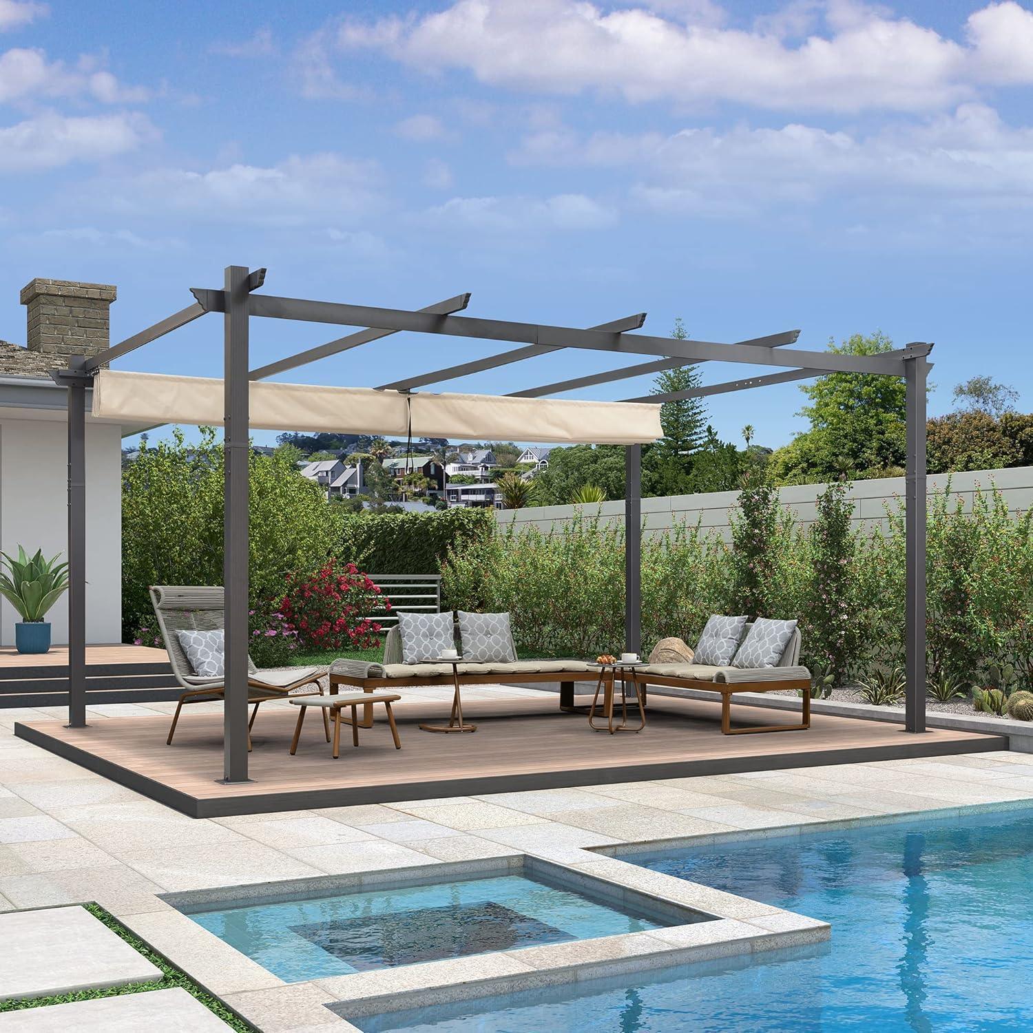 PURPLE LEAF Outdoor Pergola with Retractable Canopy Aluminum Shelter for Porch Garden  Beach Shade Pavilion Pergola Modern Backyard Deck - Image 143