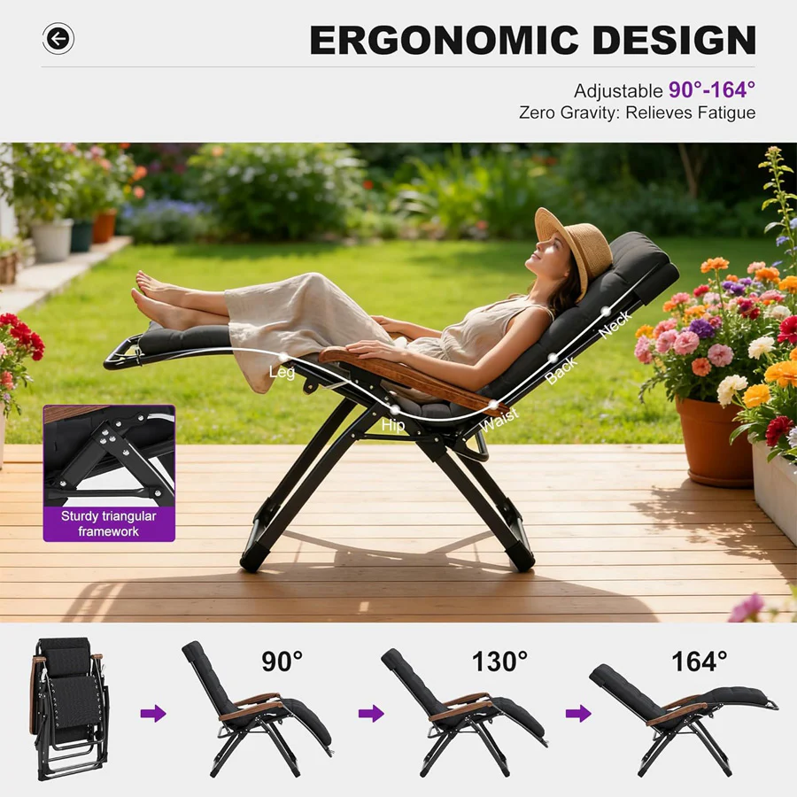 PURPLE LEAF Outdoor Reclining Chair Patio Zero Gravity Chaise Lounge Folding Chair with Removable Cushion Adjustable Headrest for Lawn Camping Beach Pool - Image 11