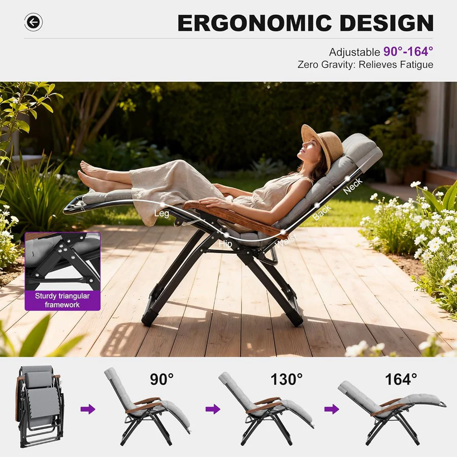 PURPLE LEAF Outdoor Reclining Chair Patio Zero Gravity Chaise Lounge Folding Chair with Removable Cushion Adjustable Headrest for Lawn Camping Beach Pool - Image 41