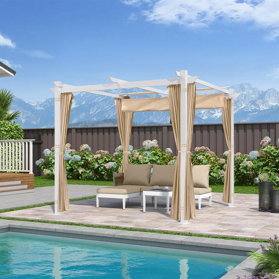 PURPLE LEAF Outdoor Retractable Pergola with Double Sun Shade Canopy White Heavy-Duty Aluminum Pergola Patio Modern Pergola With Curtains - Image 86